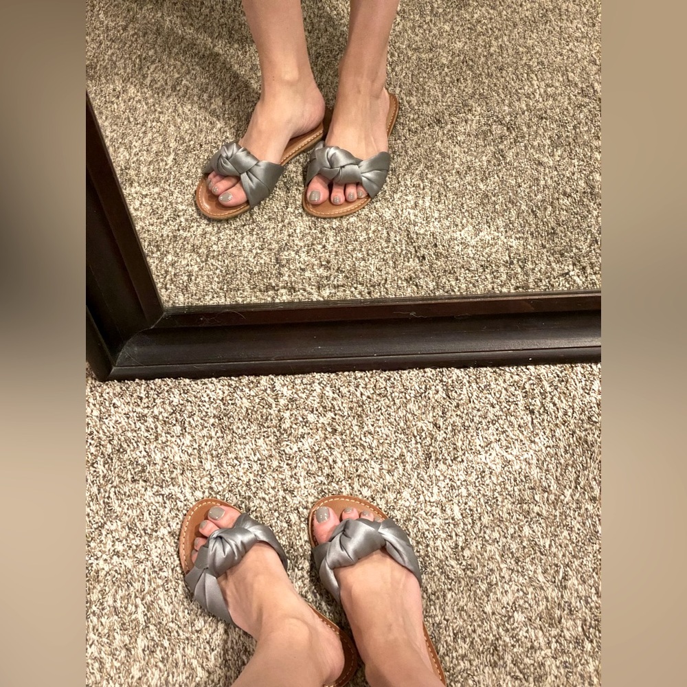 Gray satin knot sandal. Size 6. New never worn.